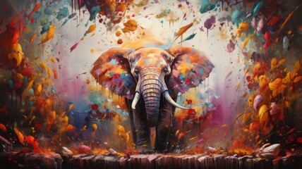 Animal portrait of an elephant as a colorful abstract oil painting - obrazy, fototapety, plakaty