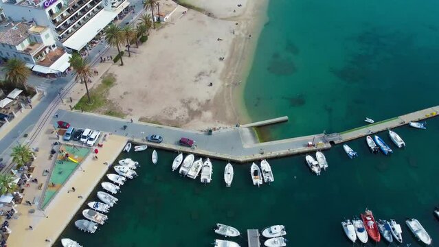 Aerial footage of Marina Tramontana and Soller Playa in Port de Soller, Balearic Islands, Spain