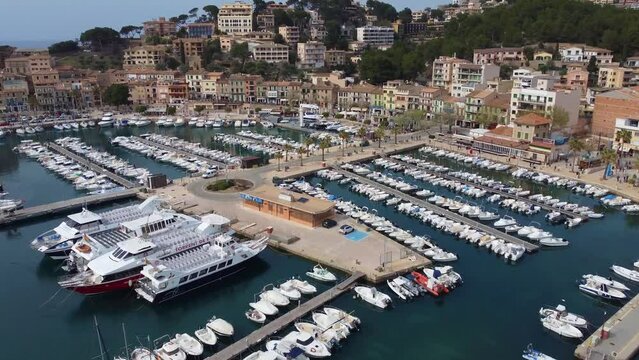 Drone shot of Marina Tramontana in Carrer de la Marina, Port de Soller, Balearic Islands, Spain