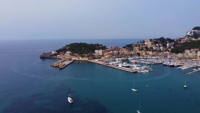 Aerial footage of Marina Tramontana in Carrer de la Marina, Port de Soller, Balearic Islands, Spain