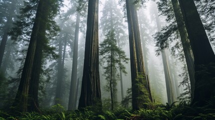 An ancient, towering redwood forest shrouded in fog.