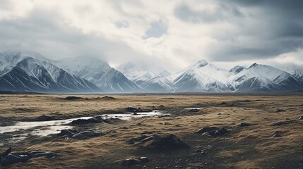 A barren tundra with snow-capped mountains in the distance.