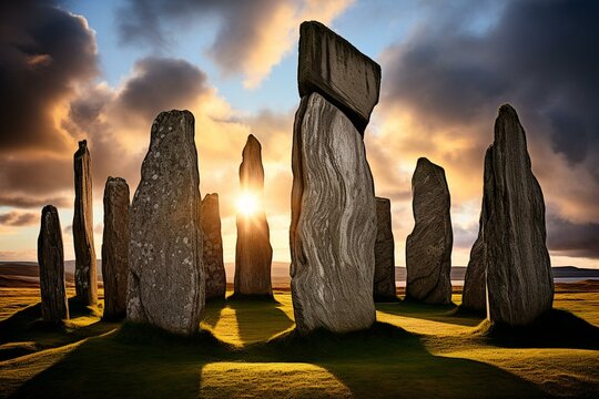 Ancient standing stones formation in Callanish, Scotland. Generative AI
