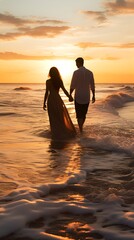 Romantic Bliss by the Sea, A Couple's Sunset Stroll Along the Beach, Creating Cherished Memories