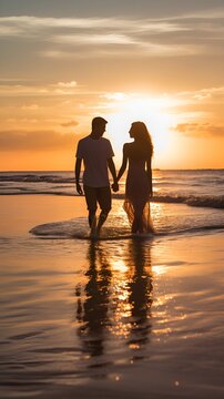 Romantic Bliss by the Sea, A Couple's Sunset Stroll Along the Beach, Creating Cherished Memories