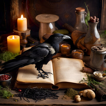 Alchemy background in vintage style. Digital illustration with black raven, open spellbook, candles, and herbs. Concept of Halloween, witchcraft, esoterics. CG Artwork Background