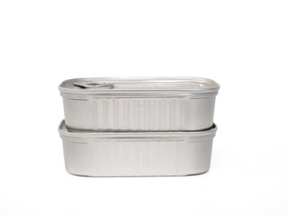 Canned food on a white background. Canned fish close-up.