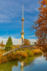 Fototapeta premium scenic view of Tashkent TV tower and Bozsuv canal (Tashkent, Uzbekistan)