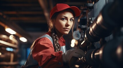 Human plumber working near metal pipes indoor, female professional occupation - obrazy, fototapety, plakaty
