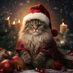 Cute cat wearing santa costume and christmas theme backgroud with snowing effect