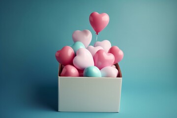 a box with heart-shaped balloons in blue, pink, and white on a blue background. Generative AI