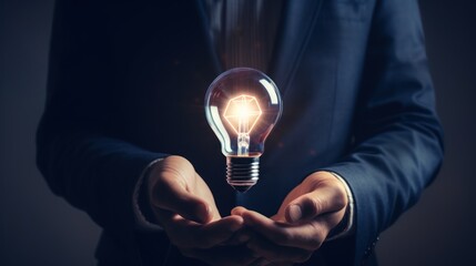 Businessman holding a lightbulb, creative thinking innovation and idea concept.
