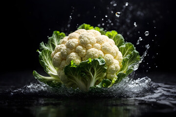 Fresh cauliflower with water splash on a black background.