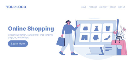 Online Shopping. Web Landing Page Design. Flat Cartoon Vector Illustration.