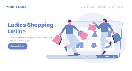 Ladies Shopping Online. Web Landing Page Design. Flat Cartoon Vector Illustration.