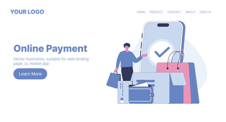 Online Payment Illustration. Web Landing Page Design. Flat Cartoon Vector Illustration.