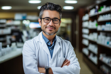 Fototapeta premium Portrait of pharmacist man in a pharmacy , Drugstore with shelves health care products