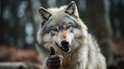 Fototapeta premium Portrait of friendly wolf making thumbs up.