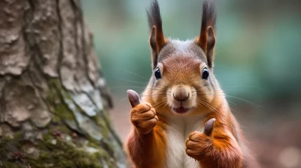 Foto op Canvas Portrait of friendly squirrel making thumbs up. © vlntn