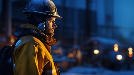 Worker man in dark blue builders jacket and hard hat helmet, blurred pipes background, cold winter atmosphere. Natural gas pipeline engineer - obrazy, fototapety, plakaty
