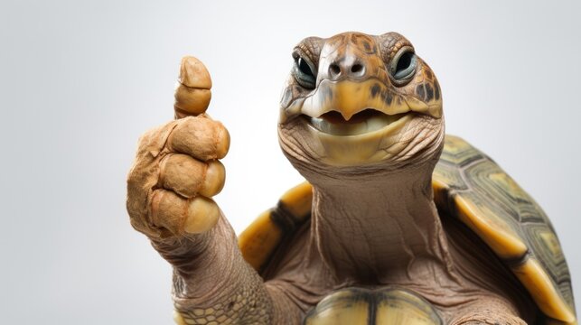 Portrait of friendly turtle making thumbs up.