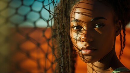 Young African American woman standing next to sport net, closeup female volleyball player portrait