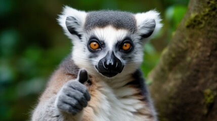 Fototapeta premium Portrait of friendly lemur making thumbs up.