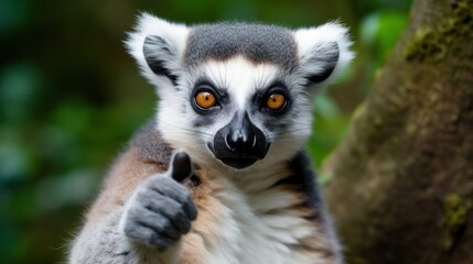 Portrait of friendly lemur making thumbs up.