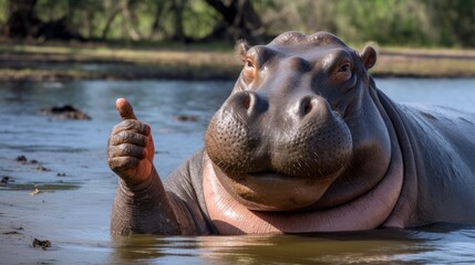 Portrait of friendly hippopotamus making thumbs up.
