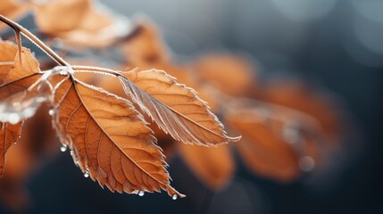 Macro photography of autumn leaves on branches in frost.