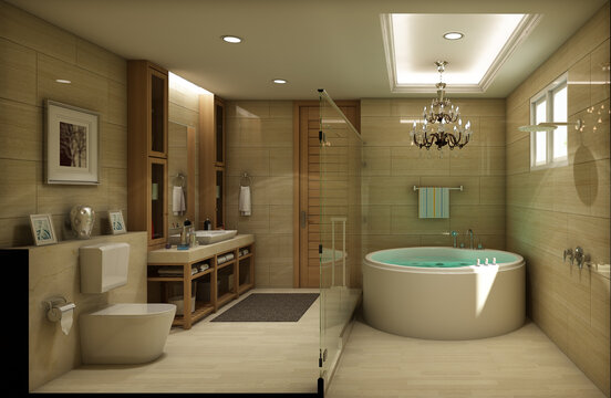 3d render illustration The owner's bathroom is specially decorated, dividing wet and dry areas.