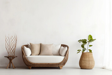 modern living room with armchair, Boho Chic Vibes: Empty Beige Wall Mockup in a Cozy Room with Wicker Armchair, Bathed in Natural Daylight.