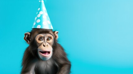 Funny monkey with birthday party hat on blue background.