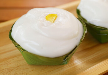 Closeup of Creamy Khanom Tako, Thai Traditional Coconut Pudding with Two Layers