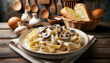 A luscious plate of fettuccine Alfredo, where the pasta is enveloped in a creamy sauce and topped with sautéed mushrooms, accompanied by garlic bread in a rustic setting