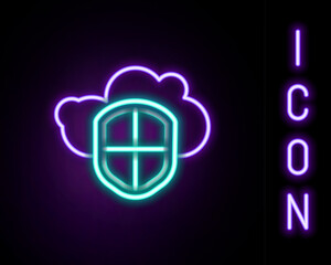 Glowing neon line Cloud and shield icon isolated on black background. Cloud storage data protection. Security, safety, protection, privacy concept. Colorful outline concept. Vector
