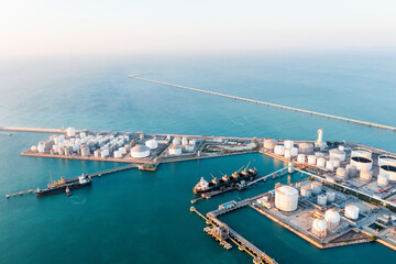 Aerial view or oil terminal is industrial facility for storage tank of oil and lpg Petrochemical....