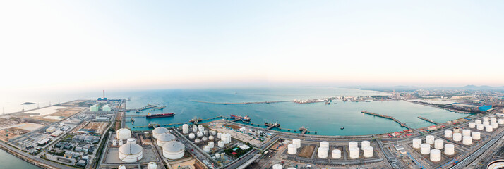 Panorama view of oil terminal is industrial facility for storage tank of oil and lpg Petrochemical. oil manufacturing products ready for transport and business transportation, lpg tank, cng tank - obrazy, fototapety, plakaty
