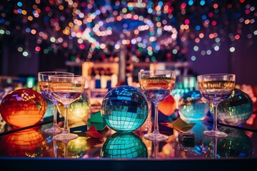 Colorful cocktails with mirrors and a disco ball against a vibrant backdrop. A concept symbolizing winter drinks. Generative AI