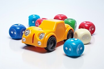 3D plastic toys and dice on white background. Generative AI
