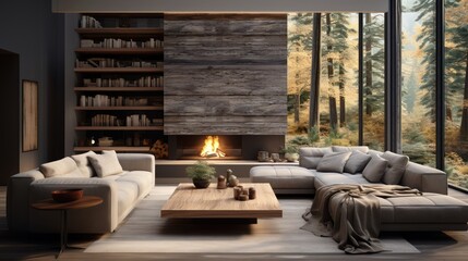 Modern living room interior with fireplace, sofa and coffee table. Minimalist natural style.