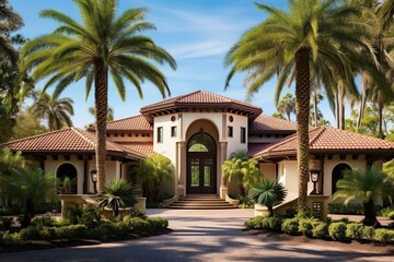 Fototapeta na wymiar Luxurious Florida home with palm trees, blue sky, and barrel roof. Generative AI
