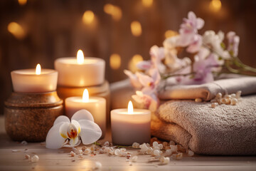 Fototapeta na wymiar Tranquil Spa Scene: Towels, Flower Branch, and Candles in Soft Light, Creating a Relaxing and Serene Ambianc
