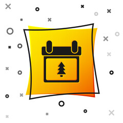 Black Calendar with tree icon isolated on white background. Event reminder symbol. Merry Christmas and Happy New Year. Yellow square button. Vector Illustration