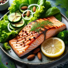 Foto eines ketogenen, perfekt gegrillten Lachsfilets, begleitet von einer Zitronenspalte und einem gr&uuml;nen Salat