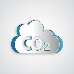 Paper cut CO2 emissions in cloud icon isolated on grey background. Carbon dioxide formula, smog pollution concept, environment concept. Paper art style. Vector