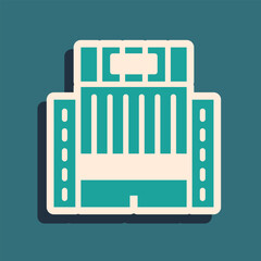 Green Hotel Ukraina building icon isolated on green background. Long shadow style. Vector