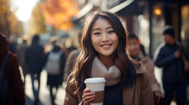 Young Asian woman holding a paper coffee to-go cup smiling looking at camera, takeaway coffee mug, crowded street on background