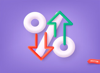 Percentage with arrow up and down, 3d icon. Design concept for banking, credit, interest rate, finance and money sphere. 3D Vector Web llustrations.