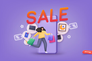 Illustration of large SALE word with woman with shopping bags. Sale banner template design, Super Sale, end of season special offer banner. 3D Web Vector Illustrations.